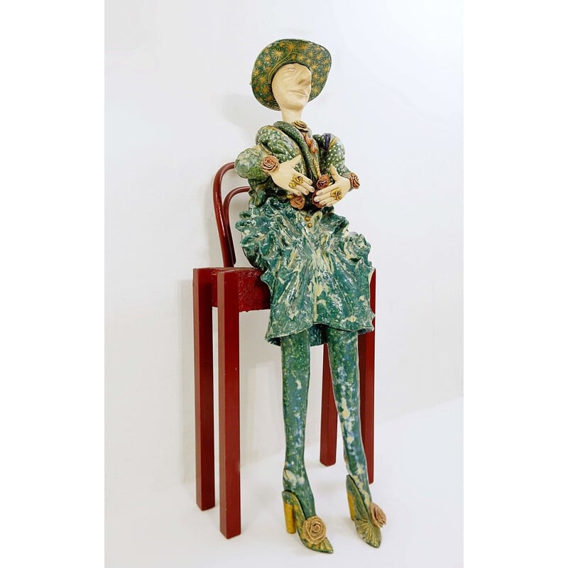 Grand scupture personnage vintage assis Faïence Polychrome en terre cuite d'Olivier Leloup, Belgique