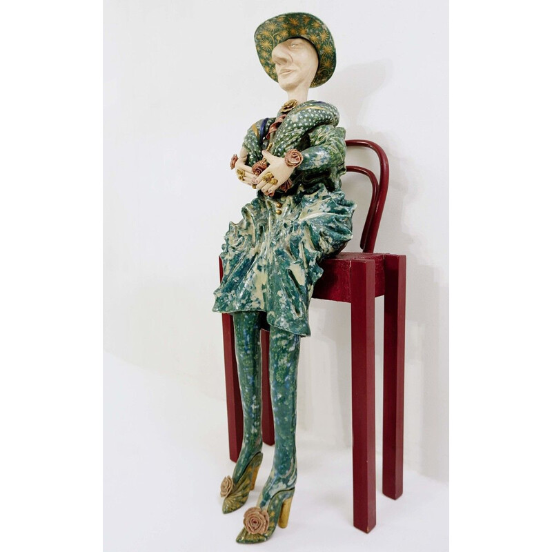 Large vintage scupture character seated Faïence Polychrome terracotta by Olivier Leloup, Belgium