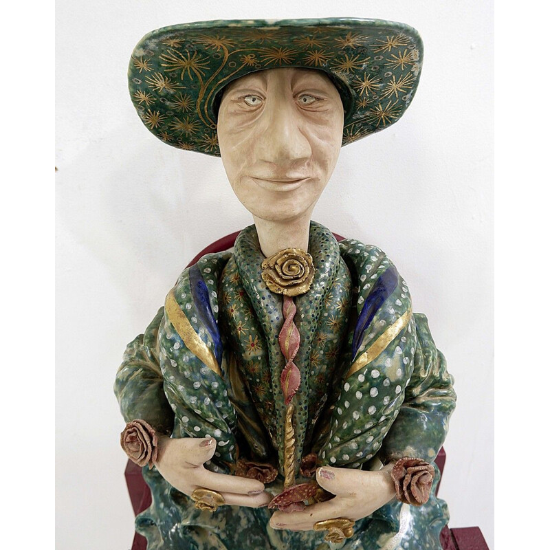 Large vintage scupture character seated Faïence Polychrome terracotta by Olivier Leloup, Belgium