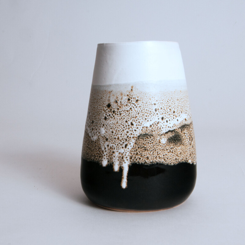 Vase vintage en glaçure noir et blanc de Noriko Nagaoka, Angleterre