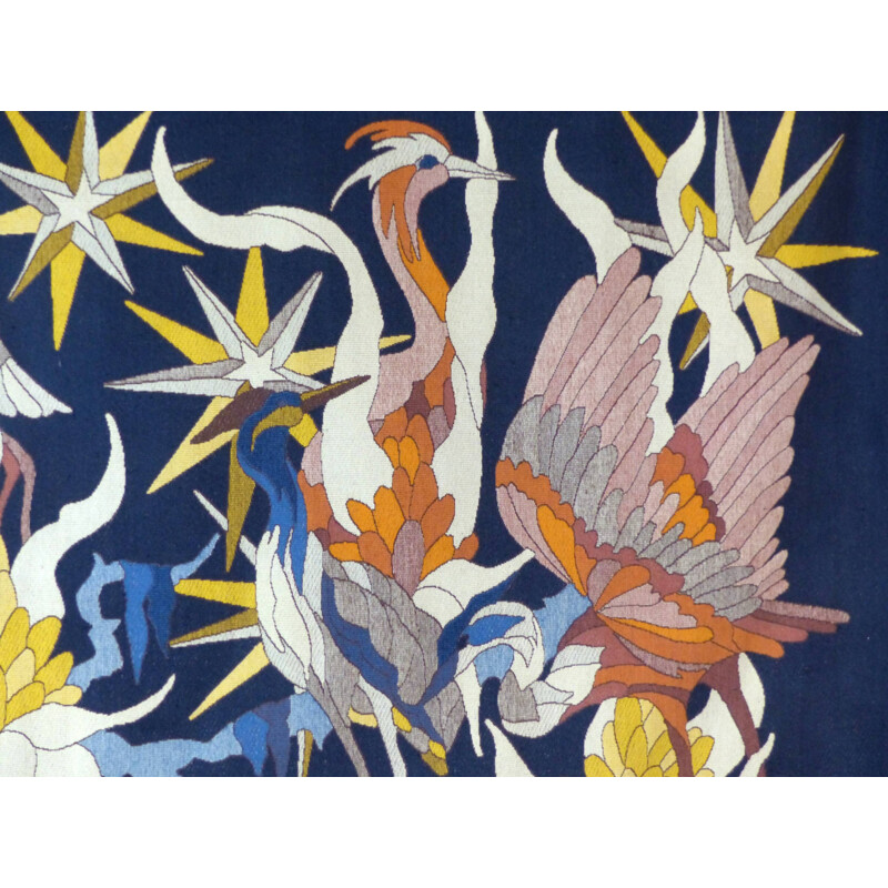 Tapisserie vintage oiseaux au crépuscule par Jane Larroque 1970