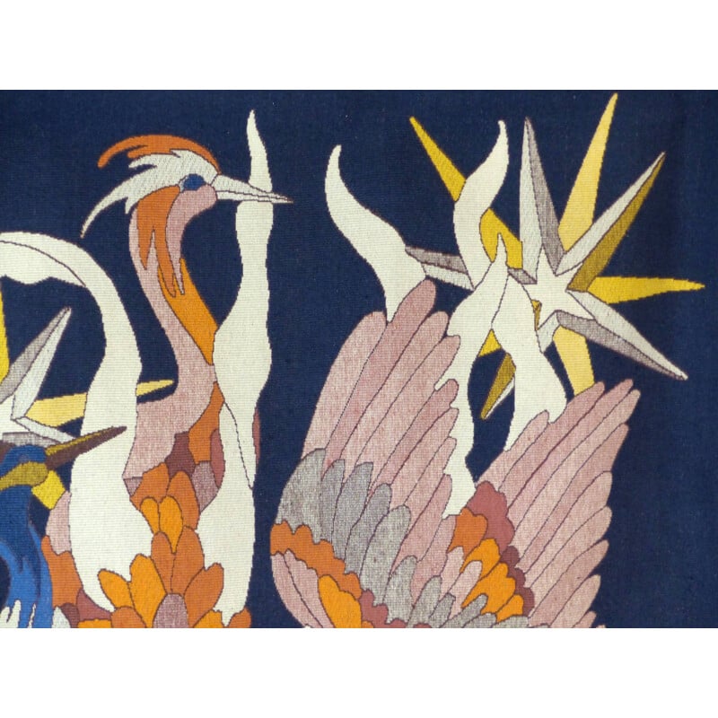 Tapisserie vintage oiseaux au crépuscule par Jane Larroque 1970