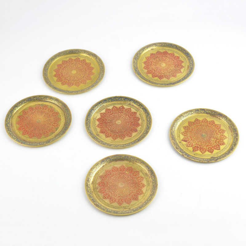 Set of 6 vintage brass plates, Morocco 1960s