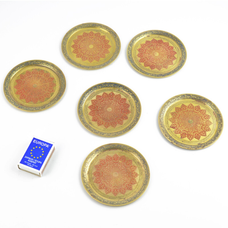 Set of 6 vintage brass plates, Morocco 1960s