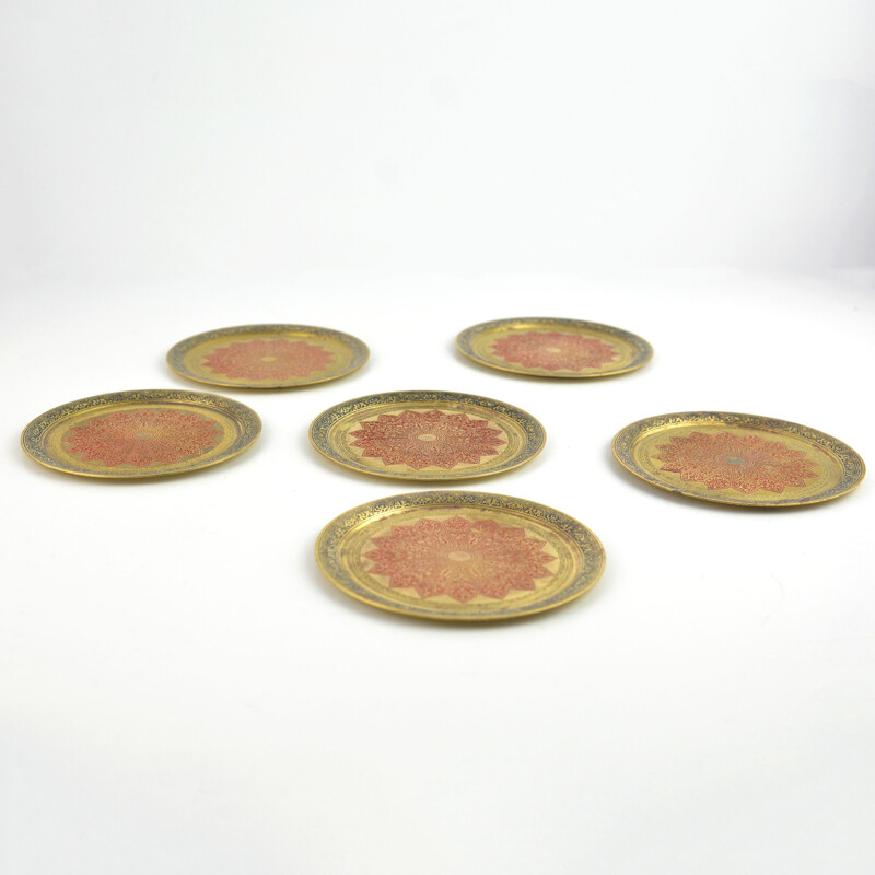 Set of 6 vintage brass plates, Morocco 1960s