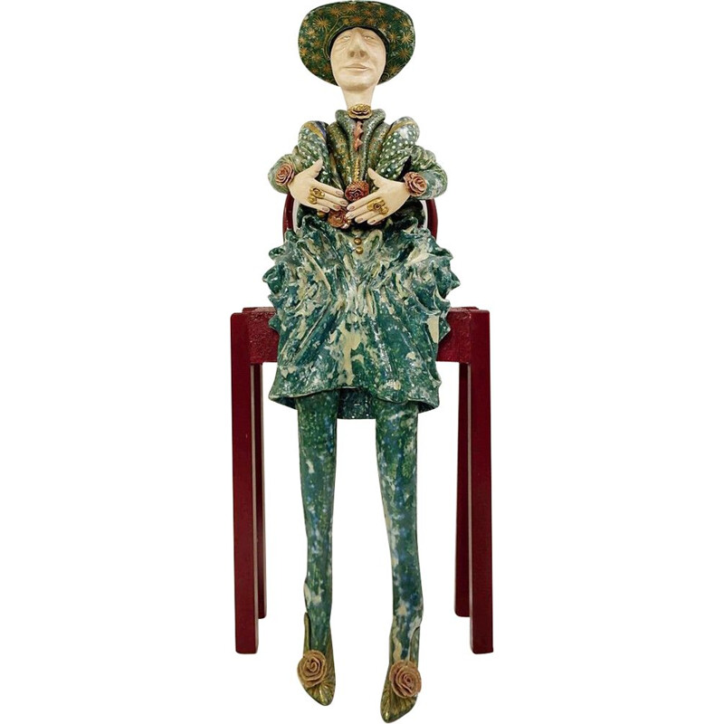 Grand scupture personnage vintage assis Faïence Polychrome en terre cuite d'Olivier Leloup, Belgique