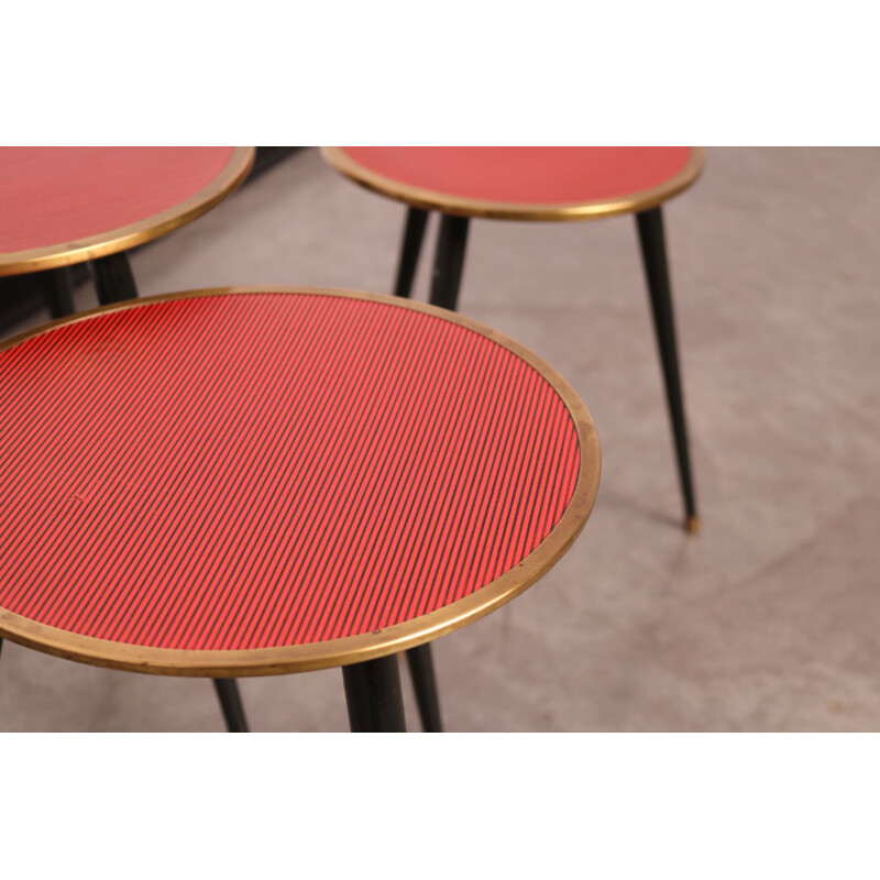 Set of 3 vintage side tables or plant stands in metal with messing details, Belgium 1950s