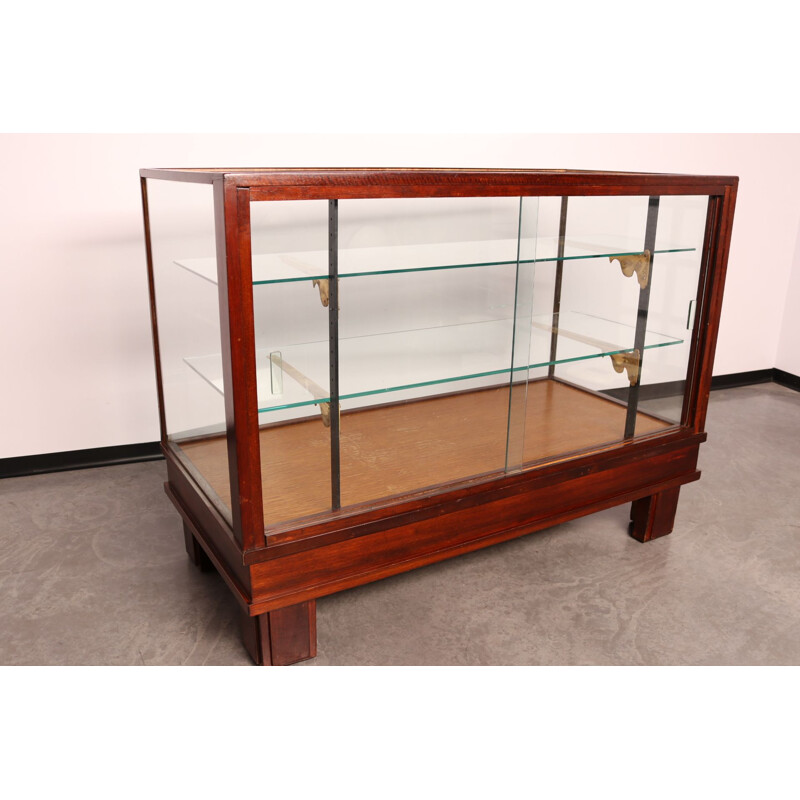Vintage display cabinet in solid wood & glass, England 1930s