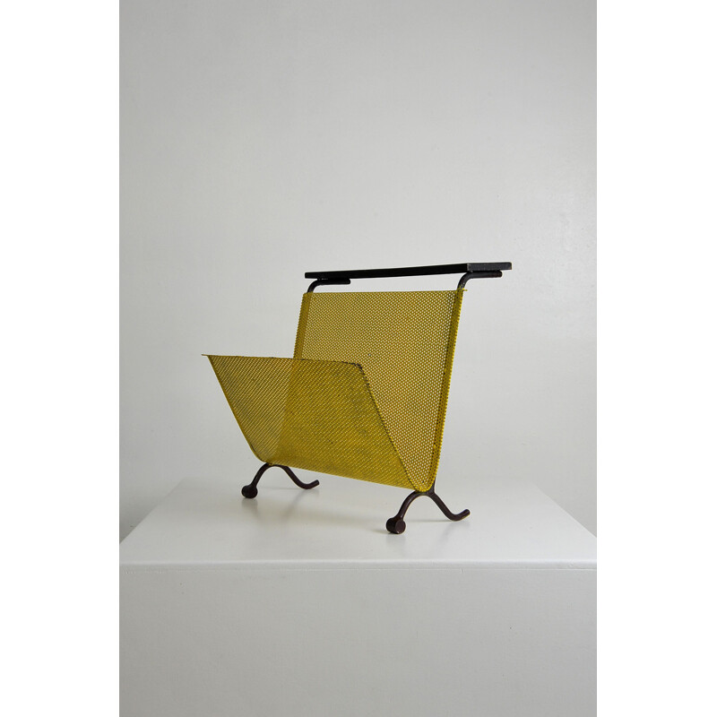 Vintage magazine rack in metal and perforated plate, French 1950s