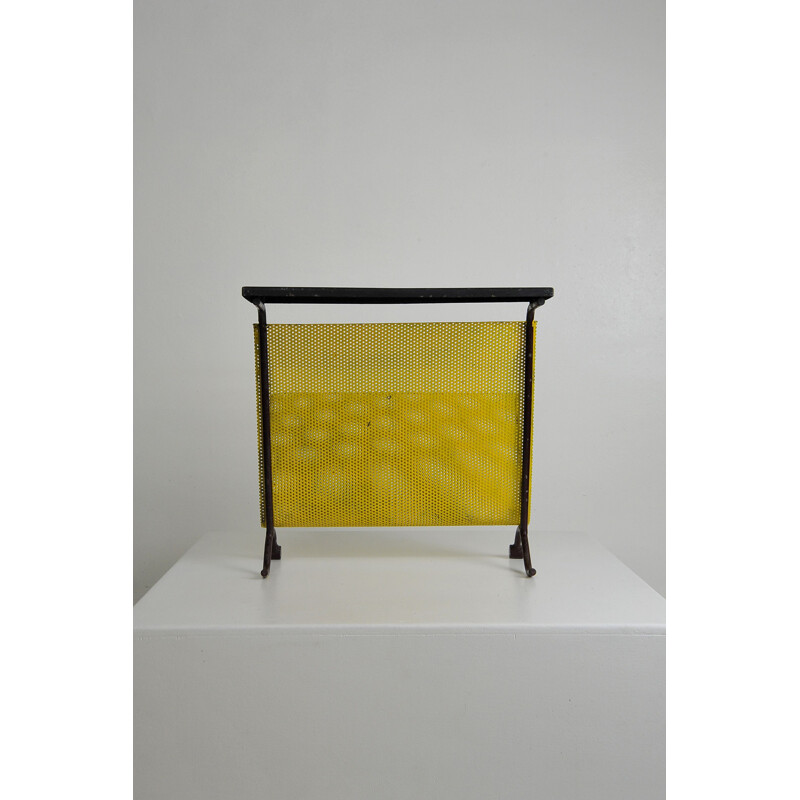 Vintage magazine rack in metal and perforated plate, French 1950s