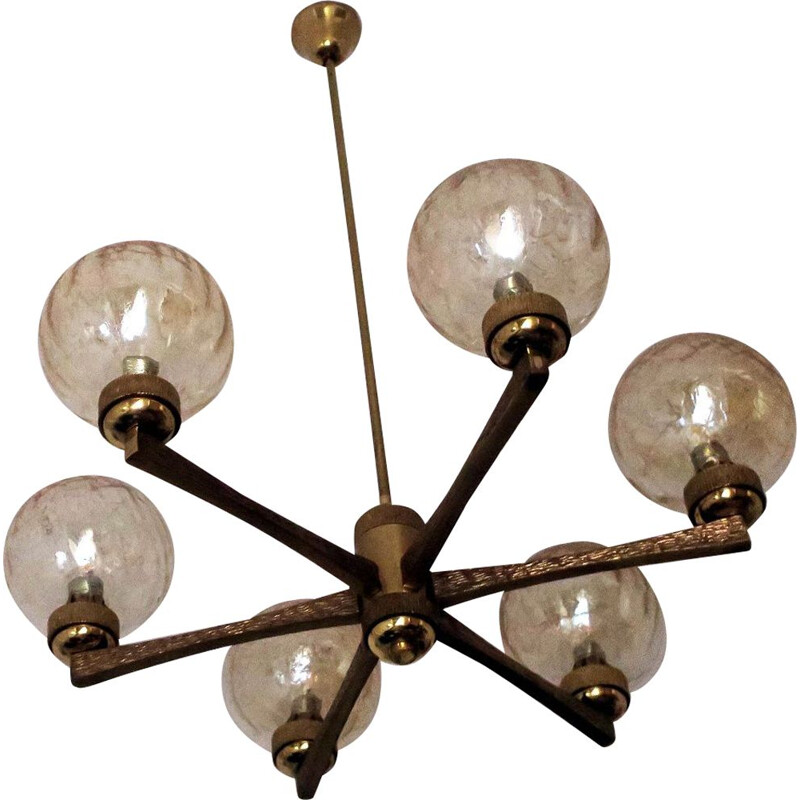 Vintage Gold Plated Brass Six Globe Chandelier by Angelo Brotto, Italian 1970