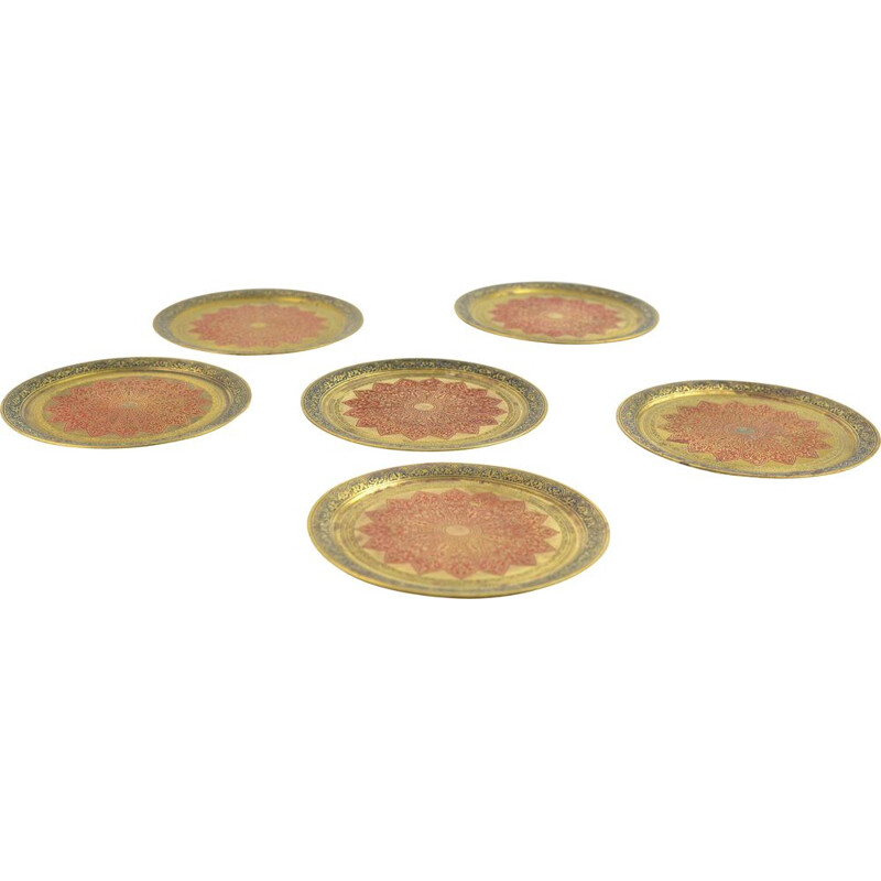 Set of 6 vintage brass plates, Morocco 1960s