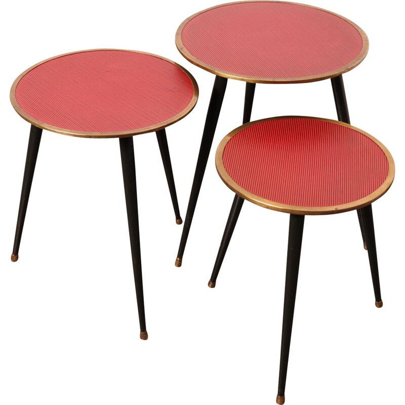 Set of 3 vintage side tables or plant stands in metal with messing details, Belgium 1950s