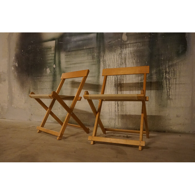 Pair of vintage BM45701 Folding Chairs in Beechwood with Canvas by Borge Mogensen for Soborg Furniture, 1960s