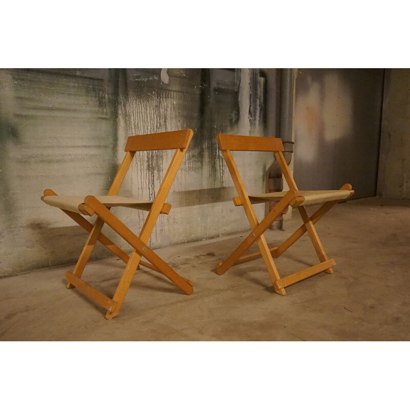 Pair of vintage BM45701 Folding Chairs in Beechwood with Canvas by Borge Mogensen for Soborg Furniture, 1960s