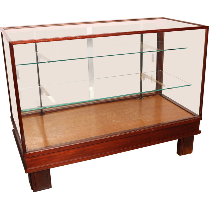 Vintage display cabinet in solid wood & glass, England 1930s