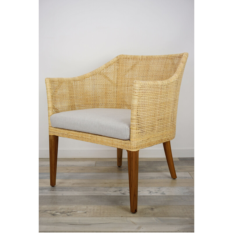 Fauteuil vintage en bois et rotin tressé