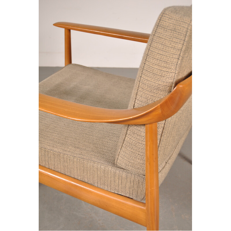 Fauteuil Knoll Antimott en bois et tissu beige, Walter KNOLL - 1950