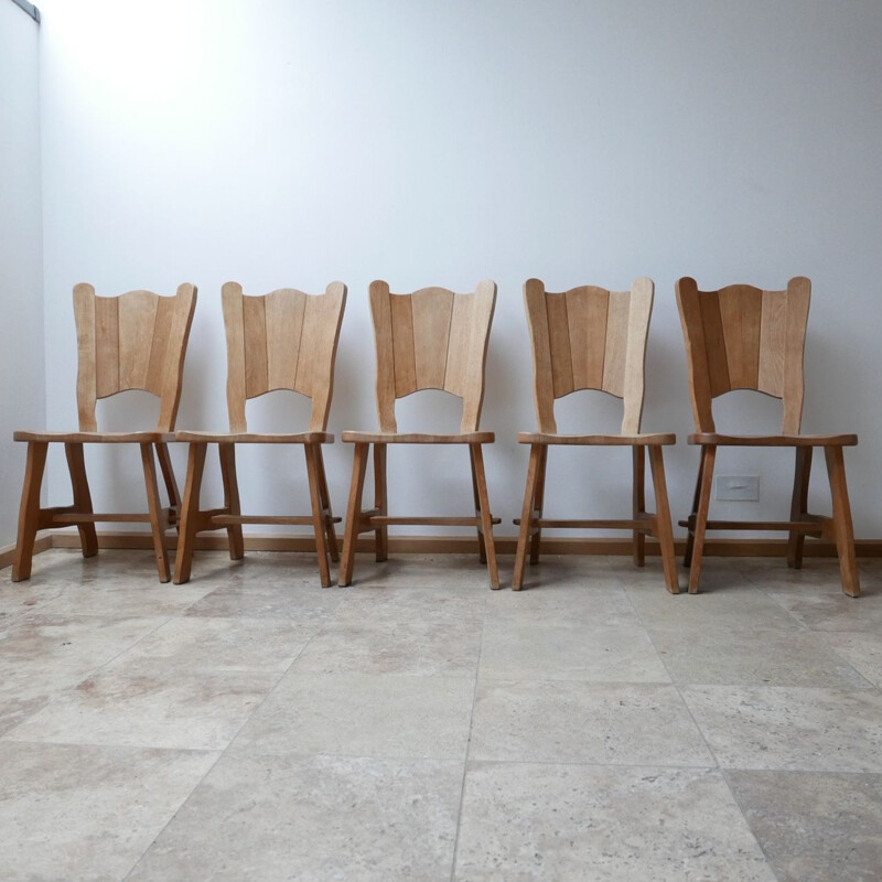 Set of 5 vintage Oak Brutalist Dining Chairs, Holland 1970s