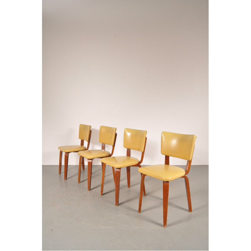 Set of 4 De Boer dining chairs in plywood and yellow leatherette, Cor ALONS - 1950s