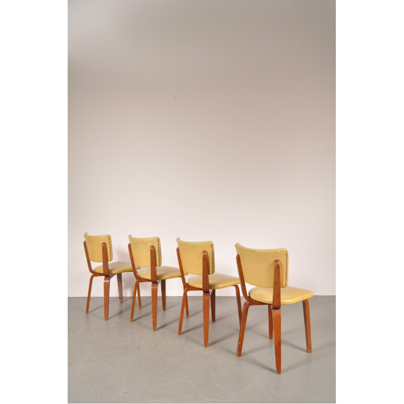Set of 4 De Boer dining chairs in plywood and yellow leatherette, Cor ALONS - 1950s