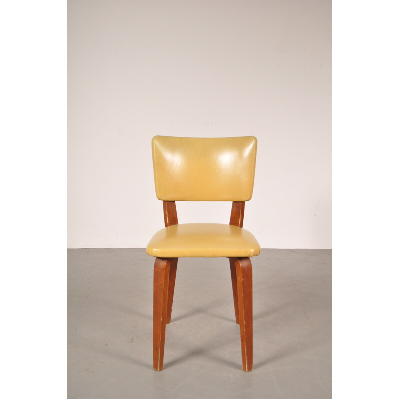 Set of 4 De Boer dining chairs in plywood and yellow leatherette, Cor ALONS - 1950s