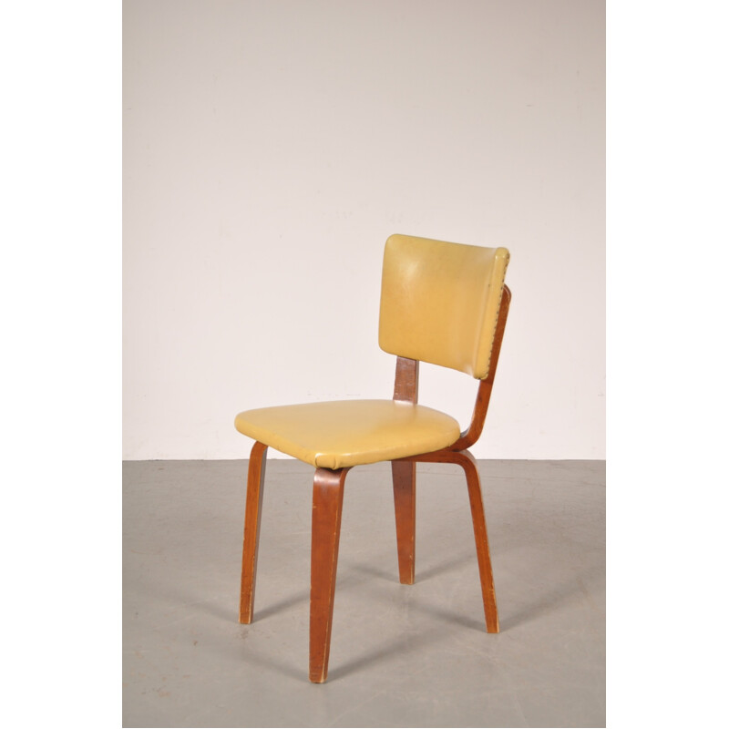 Set of 4 De Boer dining chairs in plywood and yellow leatherette, Cor ALONS - 1950s