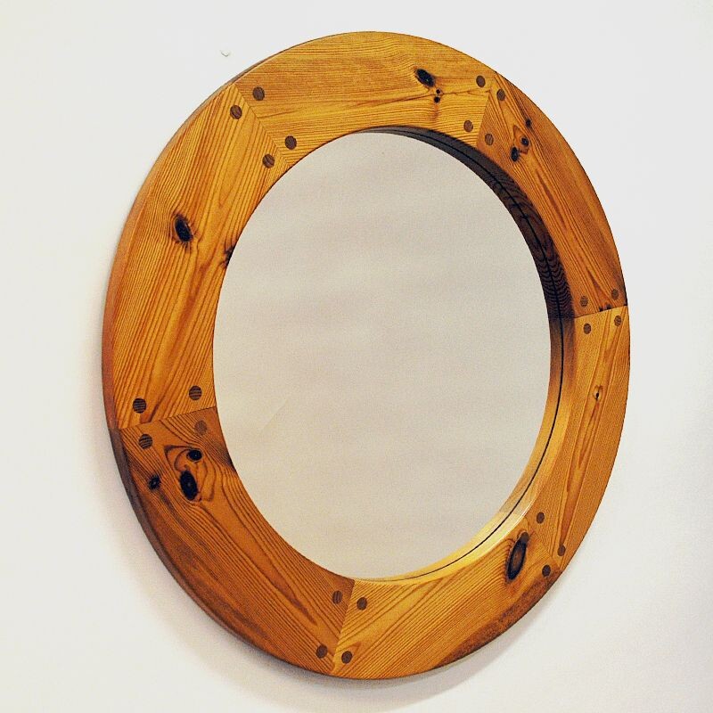 Vintage Luxus Round Wall pine mirror by Uno & Östen Kristiansson, Sweden 1950s