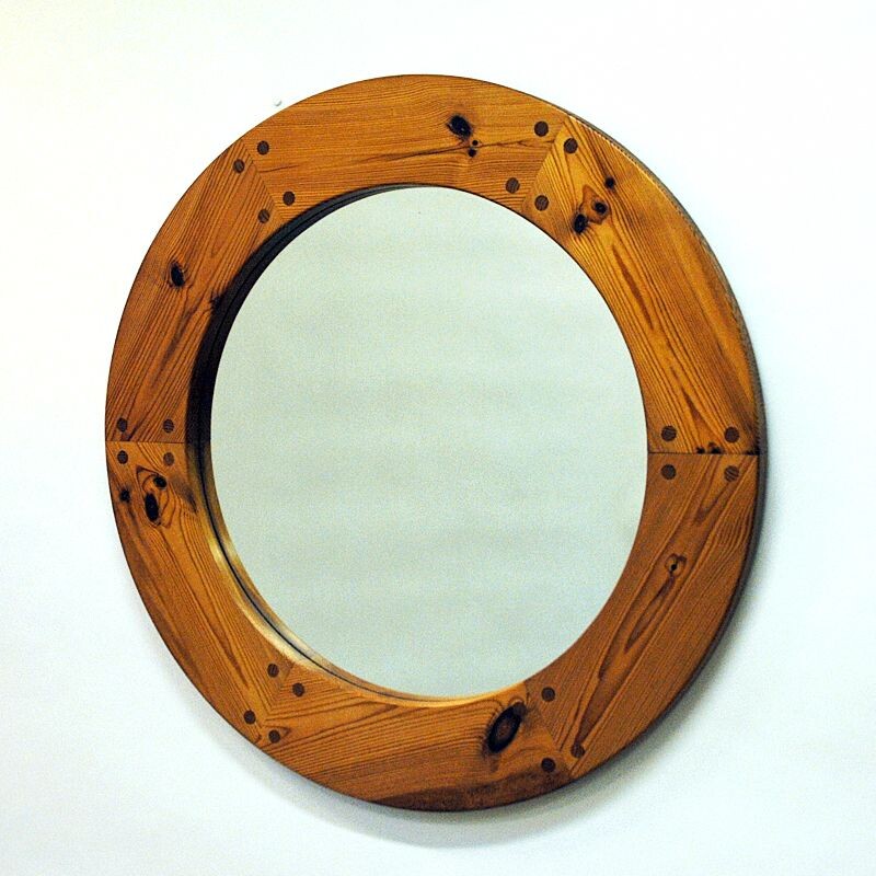 Vintage Luxus Round Wall pine mirror by Uno & Östen Kristiansson, Sweden 1950s