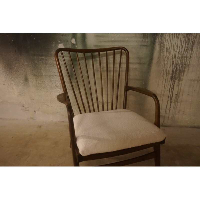 Vintage Armchair in Dark Stained Beech with Boucle Upholstery by Soren Hansen for Fritz Hansen 1940s