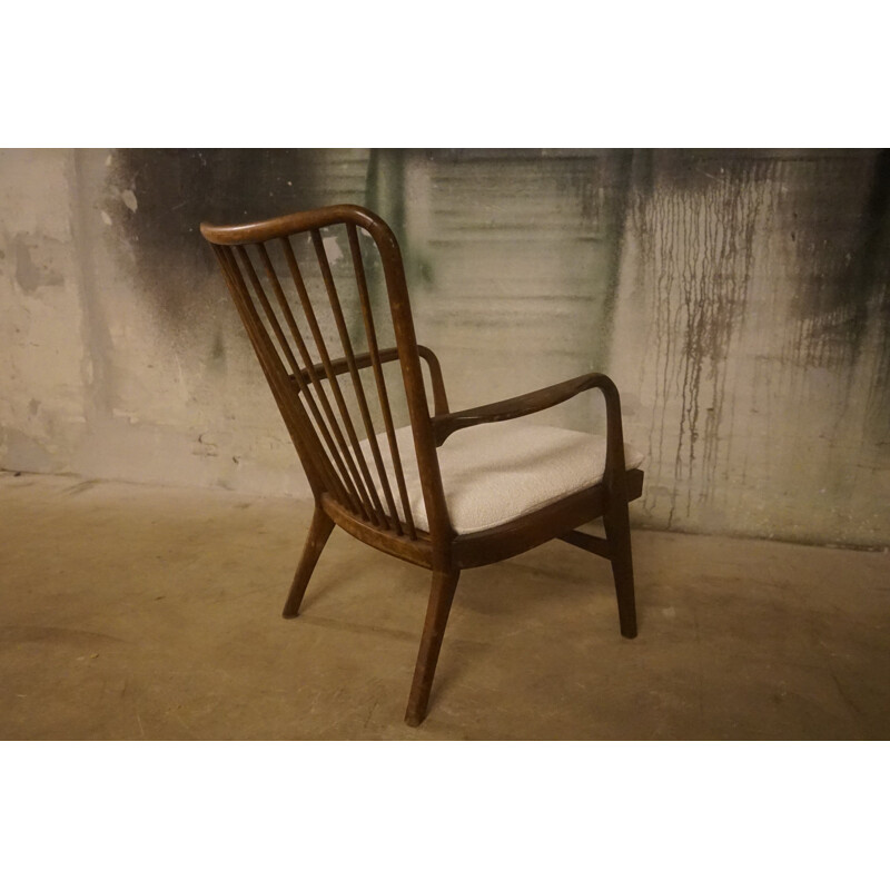 Vintage Armchair in Dark Stained Beech with Boucle Upholstery by Soren Hansen for Fritz Hansen 1940s