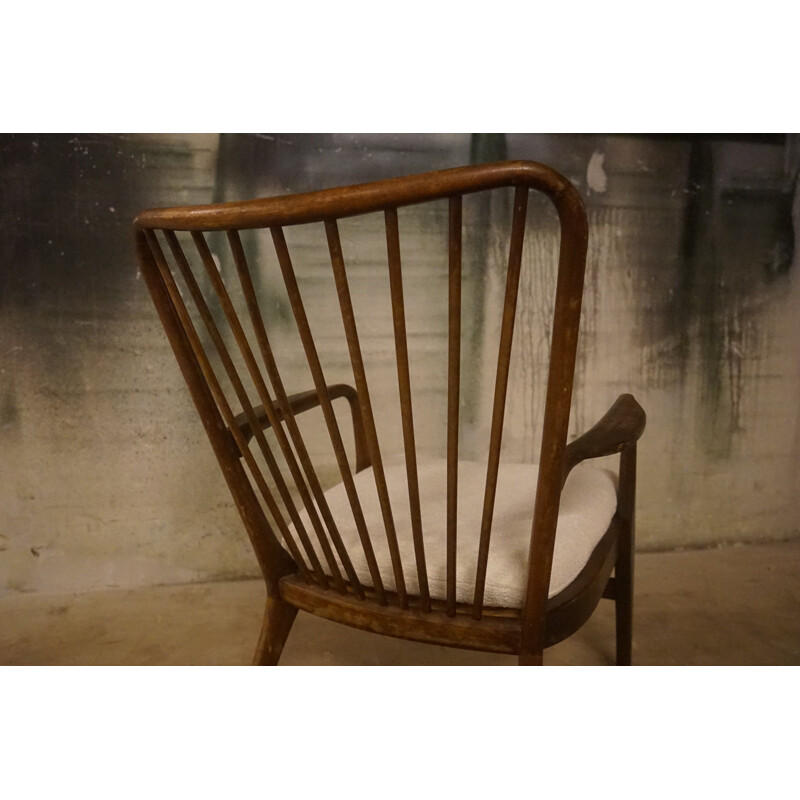 Vintage Armchair in Dark Stained Beech with Boucle Upholstery by Soren Hansen for Fritz Hansen 1940s