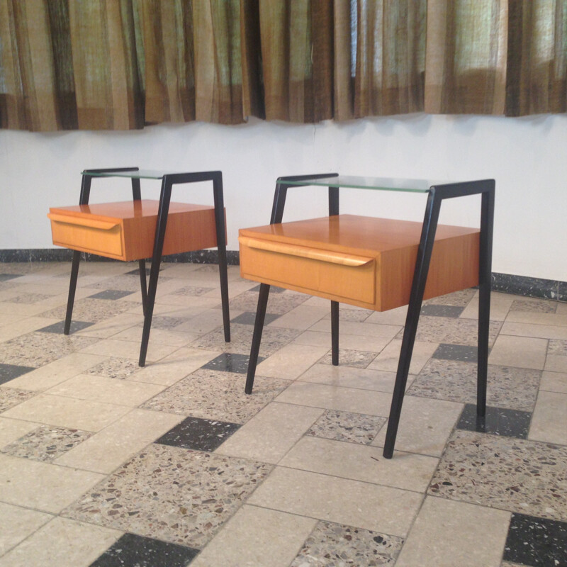 Pair of Italian night stands in lacquered wood and glass - 1960s