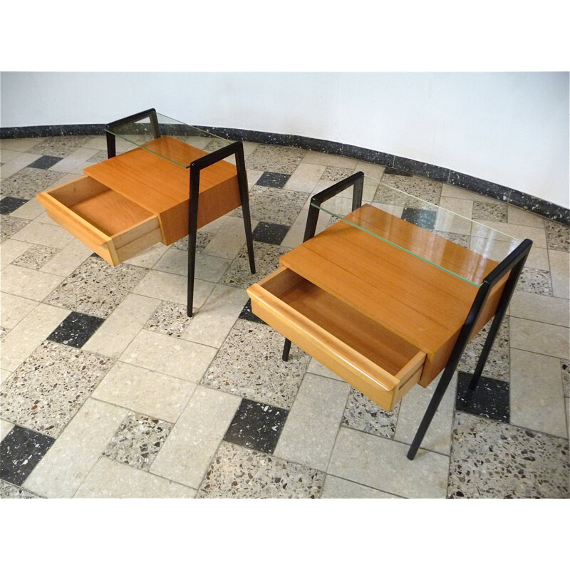 Pair of Italian night stands in lacquered wood and glass - 1960s
