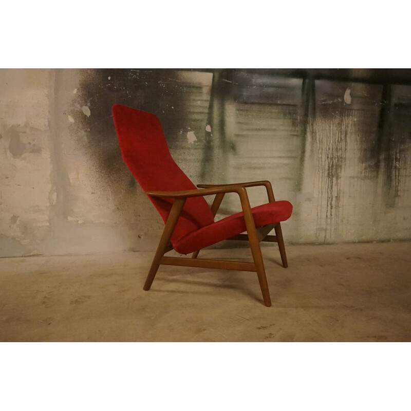 Mid-Century Teak & Red Velvet Armchair by Alf Svensson for Fritz Hansen 1960s