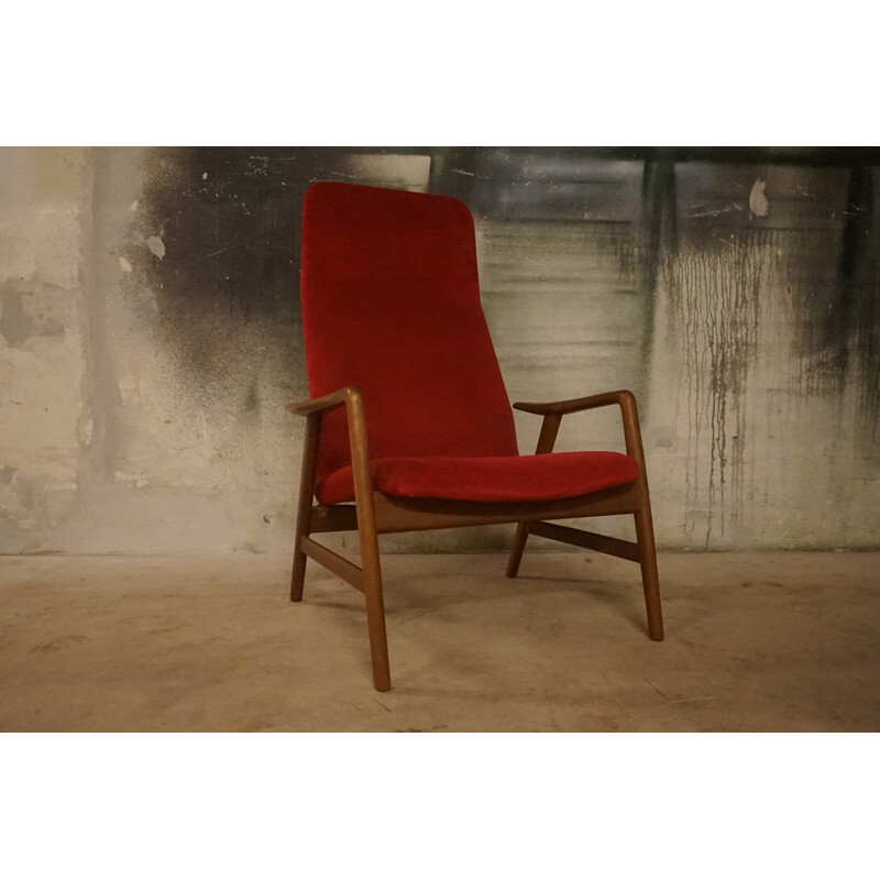 Mid-Century Teak & Red Velvet Armchair by Alf Svensson for Fritz Hansen 1960s