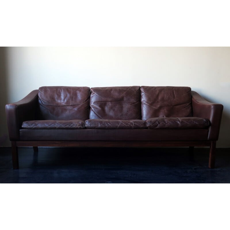 Vintage leather and rosewood sofa with cushions by Poul M Jessen for Viby J, Danish 1960