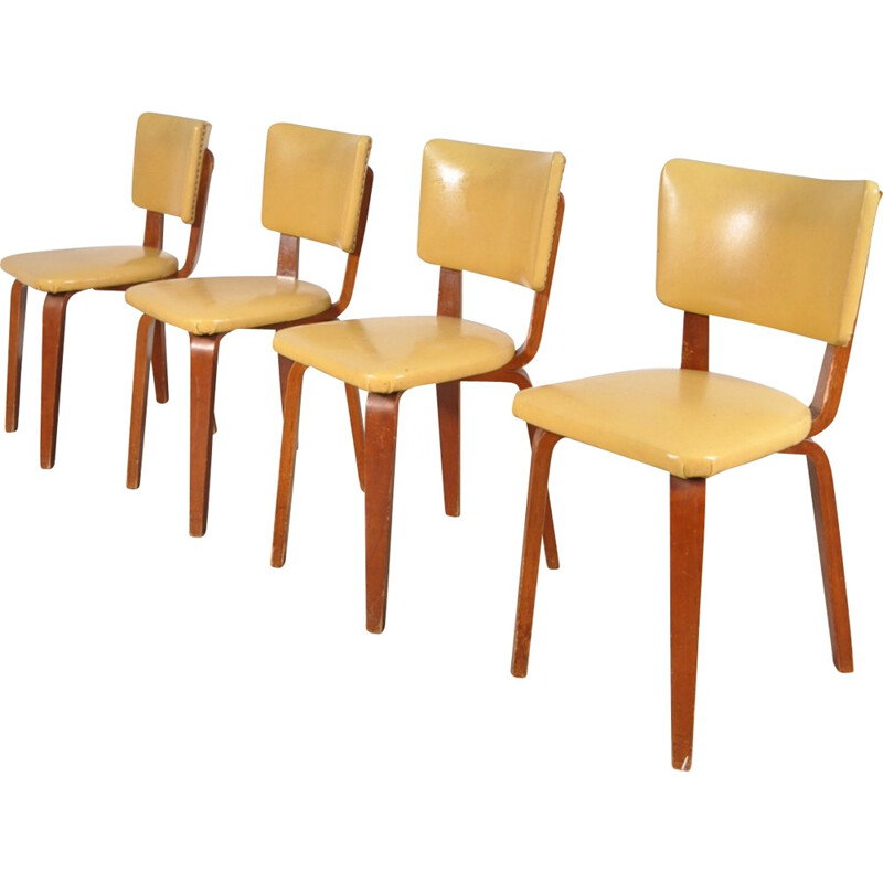 Ensemble de 4 chaises De Boer en bois contreplaqué et simili cuir jaune, Cor ALONS - 1950 