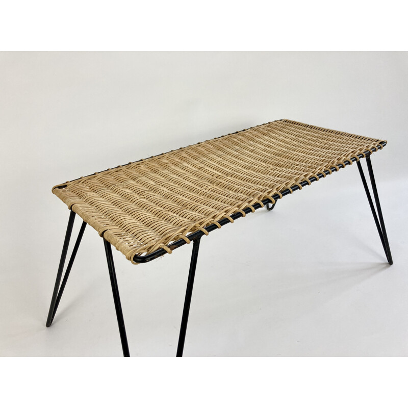 Vintage Rattan and metal low table by Raoul Guys, France 1950s