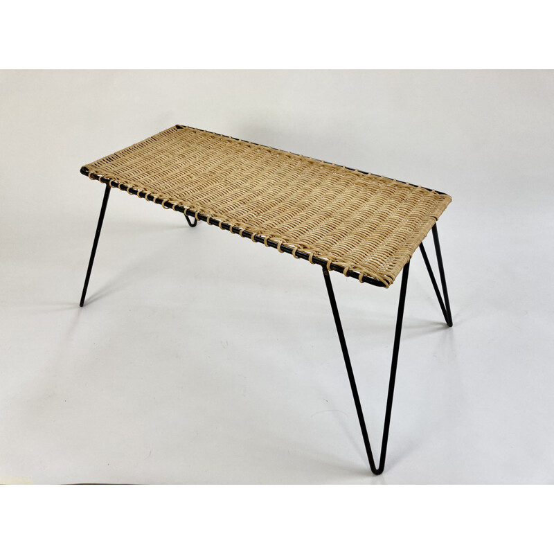 Vintage Rattan and metal low table by Raoul Guys, France 1950s