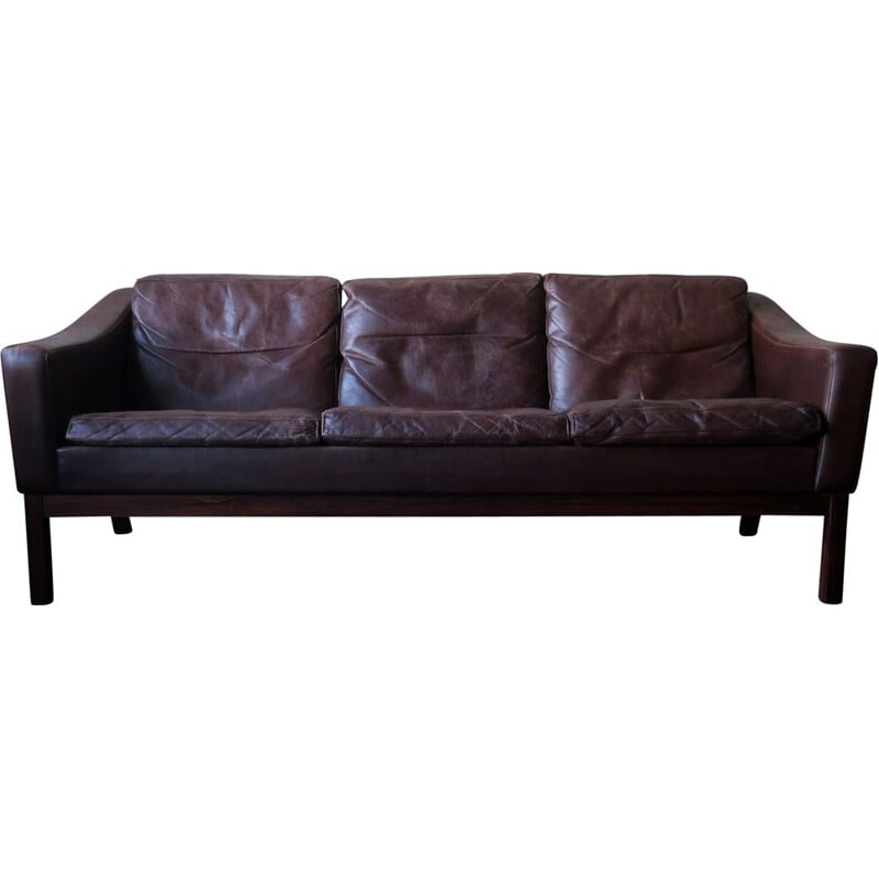 Vintage leather and rosewood sofa with cushions by Poul M Jessen for Viby J, Danish 1960