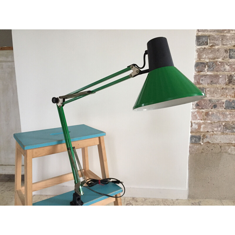 Lampe industrielle vintage d'architecte verte 1970