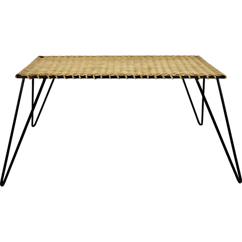 Vintage Rattan and metal low table by Raoul Guys, France 1950s