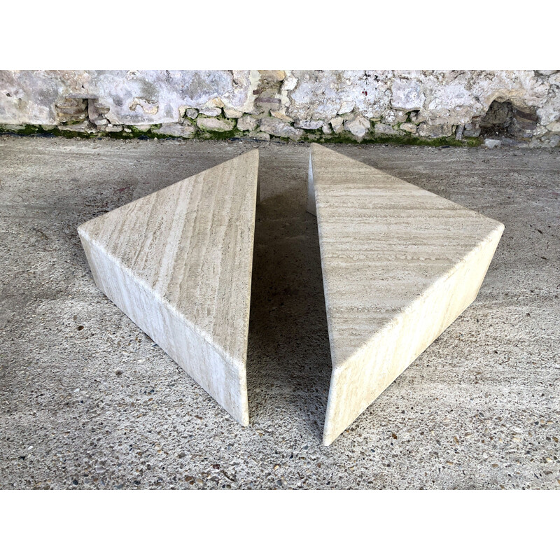 Pair of vintage triangular travertine coffee tables, Italy 1970