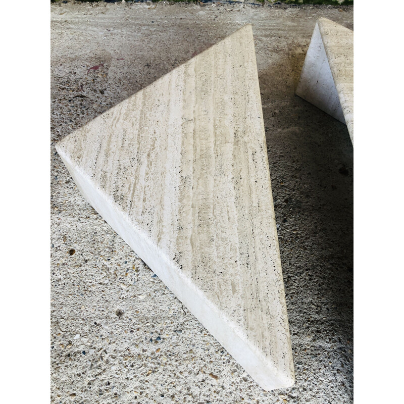 Pair of vintage triangular travertine coffee tables, Italy 1970