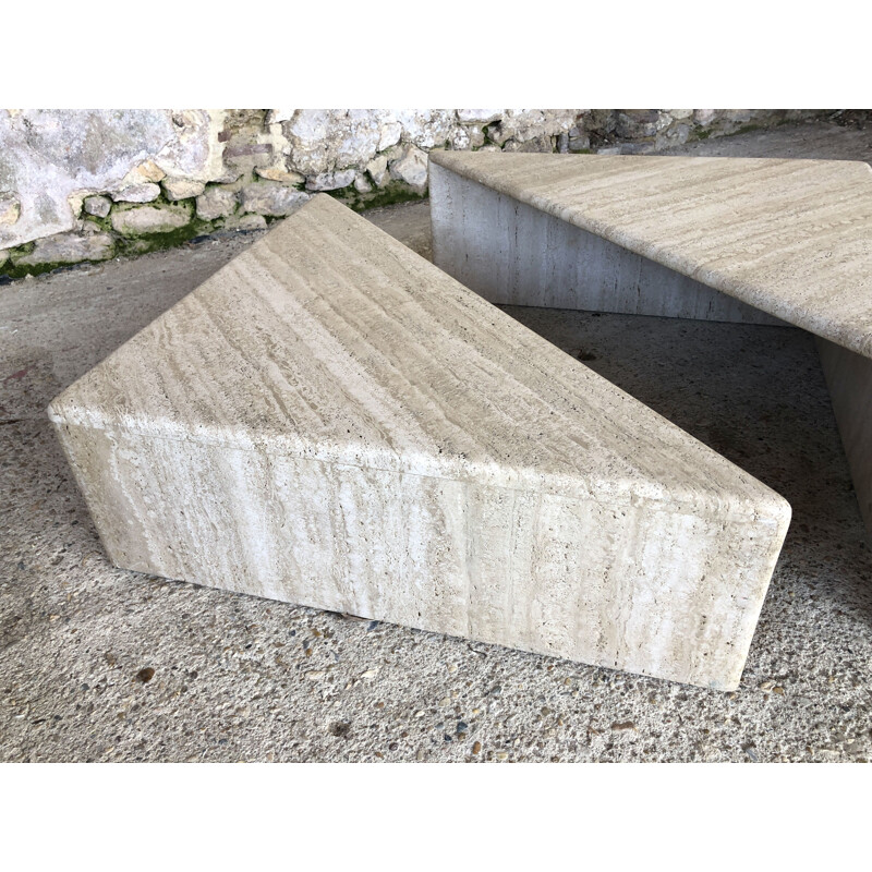 Pair of vintage triangular travertine coffee tables, Italy 1970