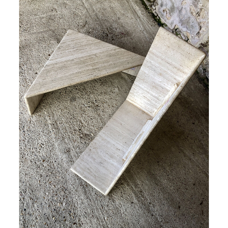 Pair of vintage triangular travertine coffee tables, Italy 1970