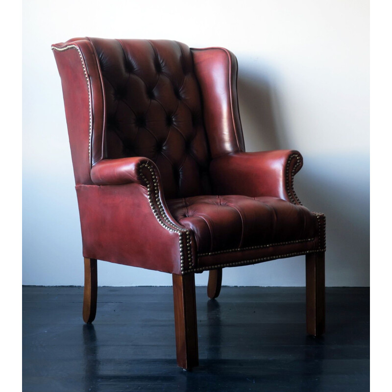 Vintage Tufted Leather Chesterfield Wing Lounge Chair 1970s