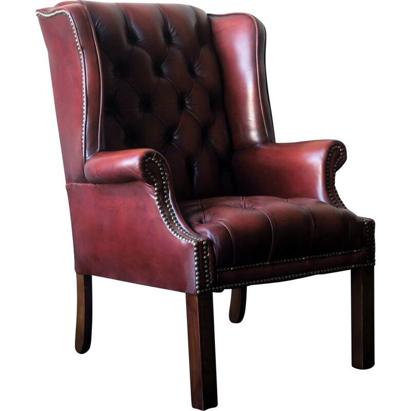 Vintage Tufted Leather Chesterfield Wing Lounge Chair 1970s