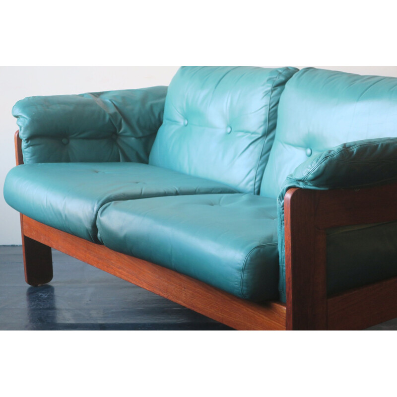 Vintage Niels Eilersen Sofa in Teak Plywood and Turquoise Leather 1970s